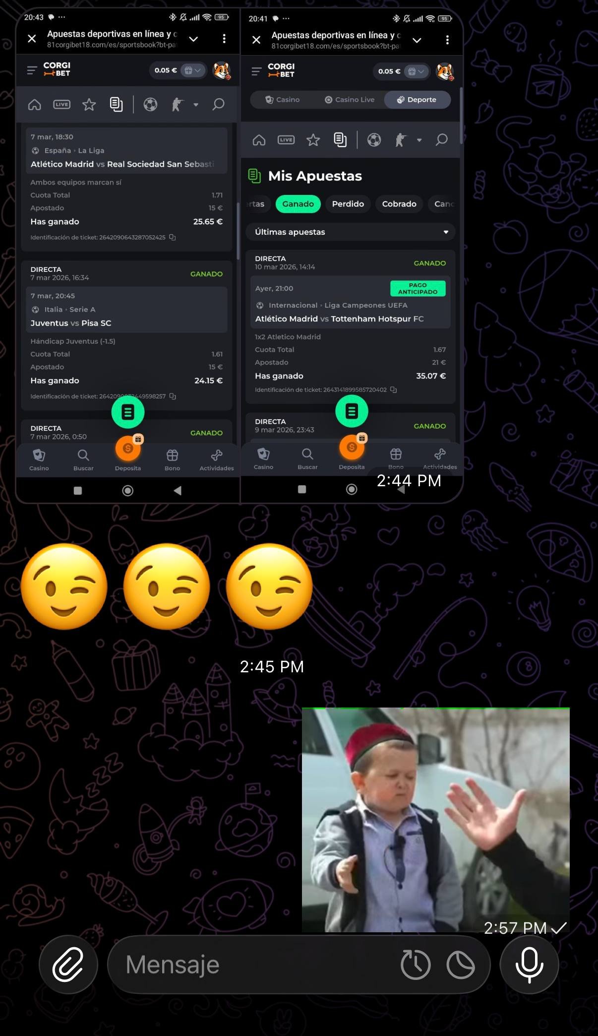 N7 Group VIP Telegram screenshot showing a win on Corgi Bet