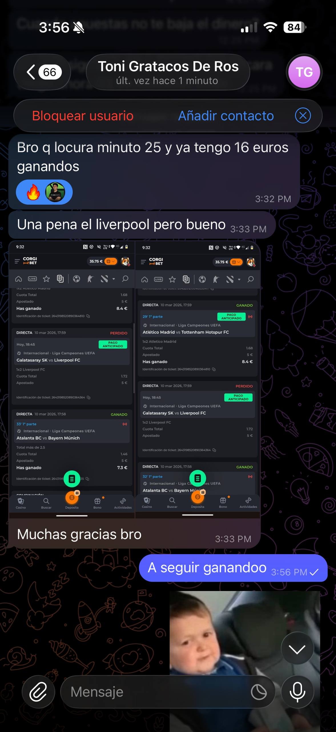 N7 Group VIP Telegram screenshot showing a winnings message