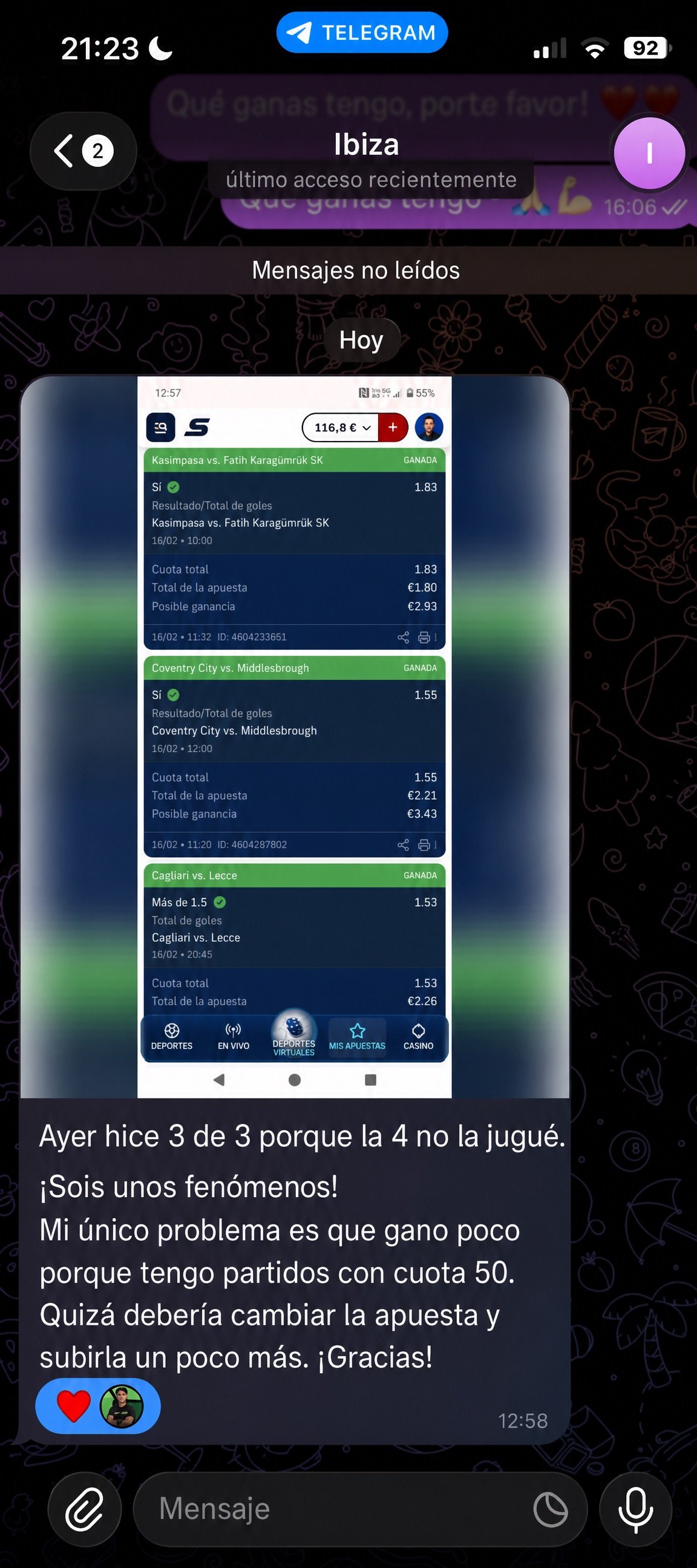 N7 Group VIP Telegram screenshot showing three winning bets
